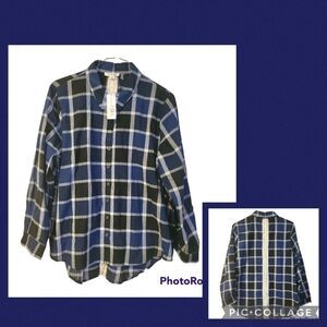 SIMPLY Noelle Navy Plaid Flannel Lace Button Shirt- Size XXL 16 18 New w Tags!